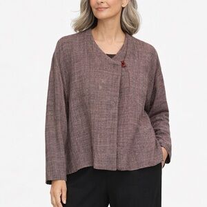 Eileen Fisher Vintage Linen Textured Cardigan Burgundy Maroon Medium